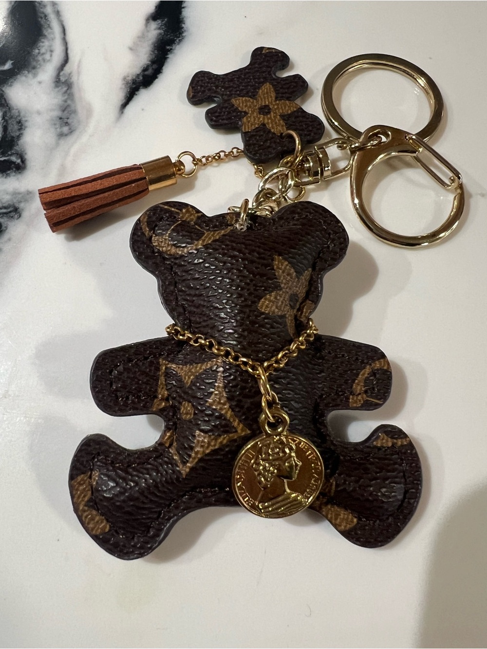 Designer-Inspired Brown Teddy Bear Keychain with Gold Charm